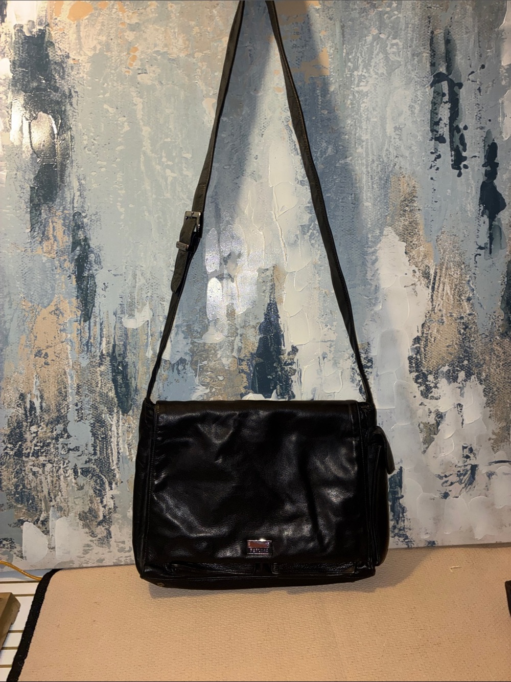 Vintage Perlina NYC Black Minimalist Messenger Satchel Genuine Leather - Picture 9 of 14
